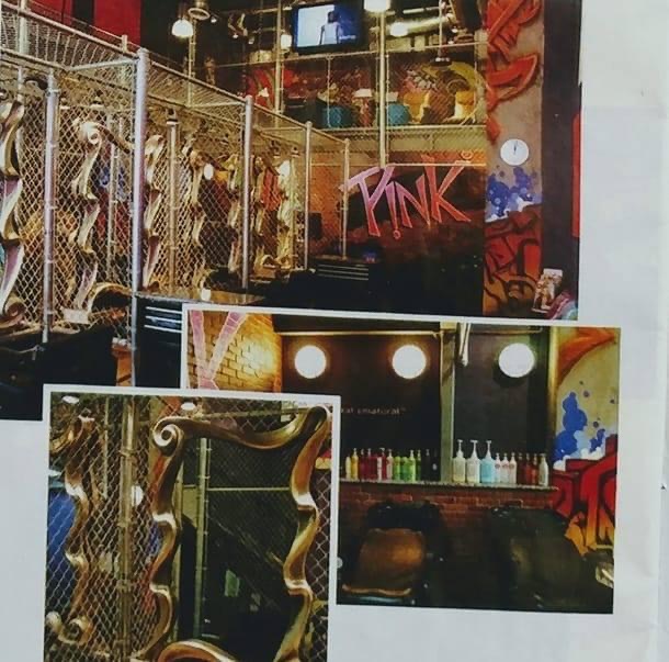 Magazine collage of Pink the Salon's interior: gold baroque mirror frames mounted on chain-link cages, red graffiti walls with PINK spray-painted in white, and a brick-walled color bar lit by round globe lights.